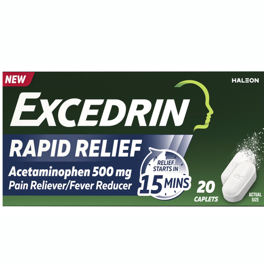 Excedrin Rapid Relief - 500 mg de paracetamol, alivio rápido del dolor en 15 minutos,  20 unidades.