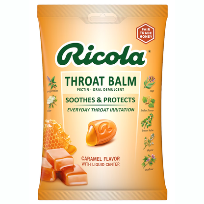 Ricola Throat Balm - Pastillas para la garganta sabor caramelo y hierbas con pectina, 34 unidades
