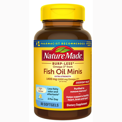 Nature Made, Burp-Less Omega-3  Extra Strength  1400 mg, cápsulas blandas tamaño mini, 80 unidades.