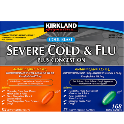 Kirkland - Cool Blast Severe Cold &  Flu, plus congestion 168 total de capsulas
