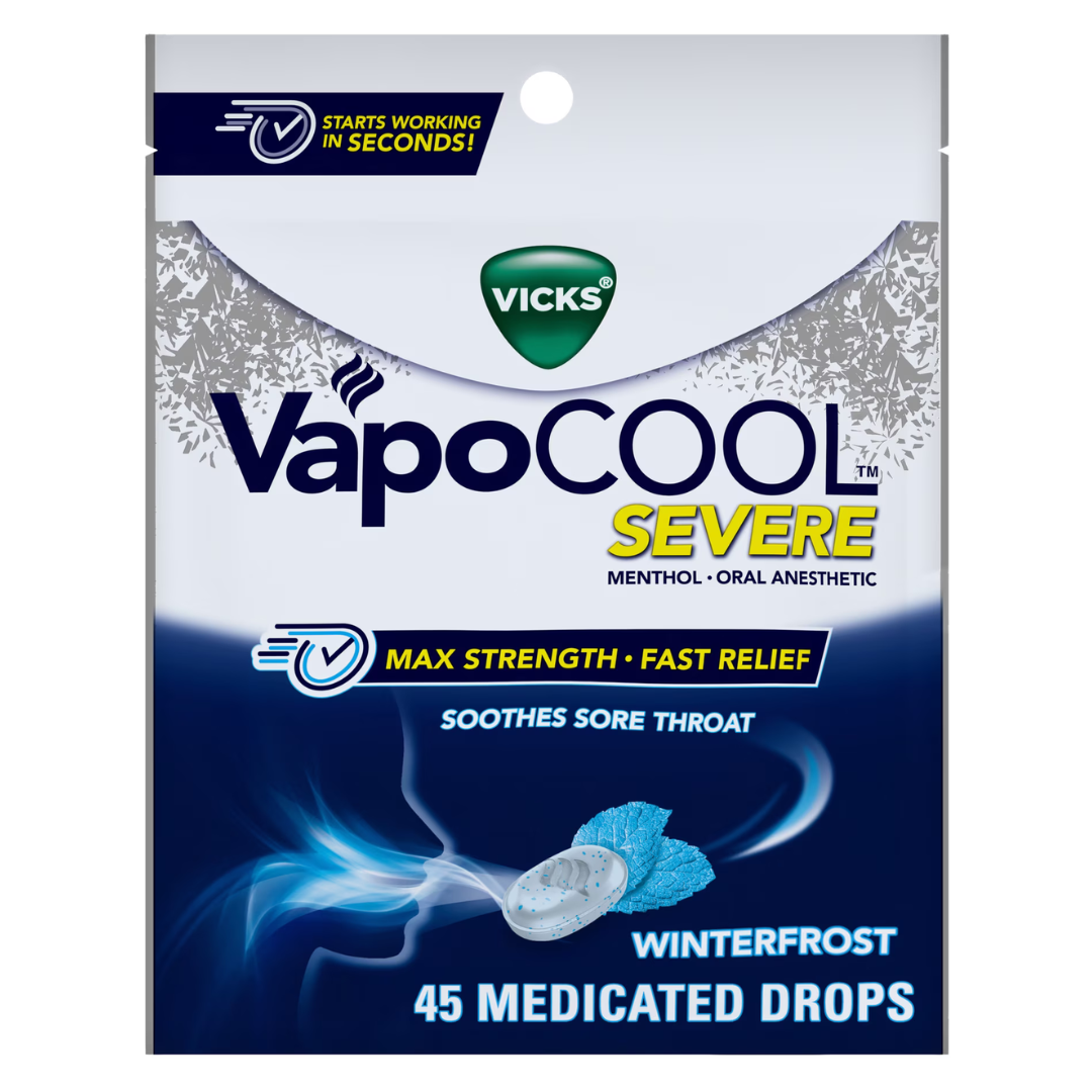 Vicks - VapoCOOL Severe caramelos para el dolor de garganta, mentol, sabor Winterfrost, 45 unidades