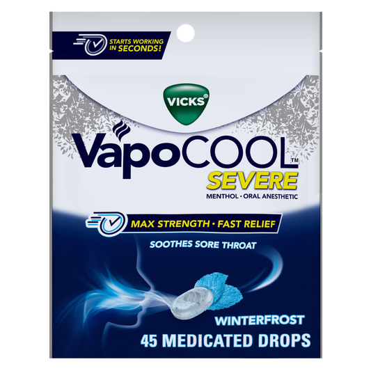 Vicks - VapoCOOL Severe caramelos para el dolor de garganta, mentol, sabor Winterfrost, 45 unidades