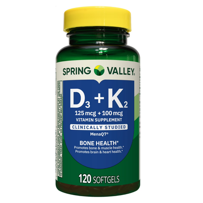 Spring Valley -  Vitamina D3(125mcg) + K2(100mcg), 120 capsulas
