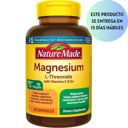 Nature Made L-treonato de magnesio con vitamina C y vitamina D3, proporciona 130 mg de magnesio de 1800 mg de treonato de magnesio L, suplemento de magnesio de apoyo cognitivo, 90 cápsulas