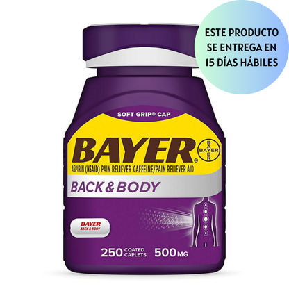 Bayer Back and Body Pain Reliever Aspirin con cafeína, 500mg, 250 ct.
