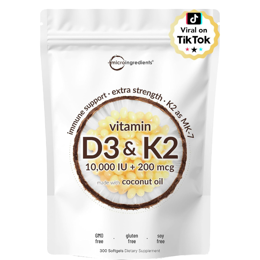 Micro Ingredients - Complejo de vitaminas D3 10,000 UI más K2 (MK-7) 200 mcg, 300 cápsulas blandas