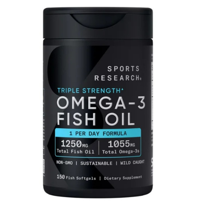 Omega 3  Sports Research - Fish Oil 1250mg - 1055 mg. Omega 3 1055 mg - Triple Accion - 150 Cápsulas Blandas