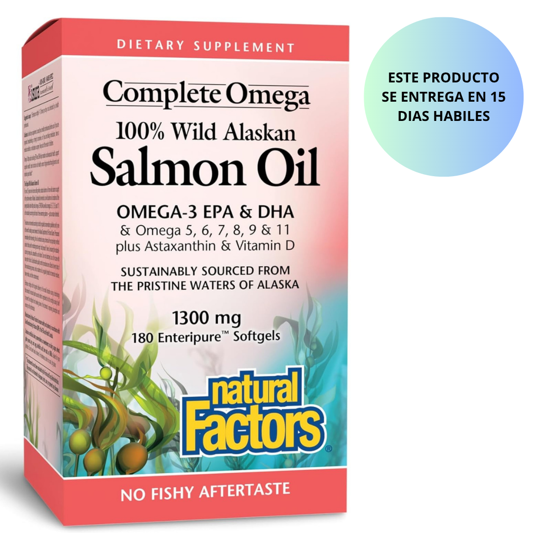 Omega completo de Natural Factors, aceite de salmón Alaska,con Omega-3 DHA y EPA, 180 cápsulas blandas