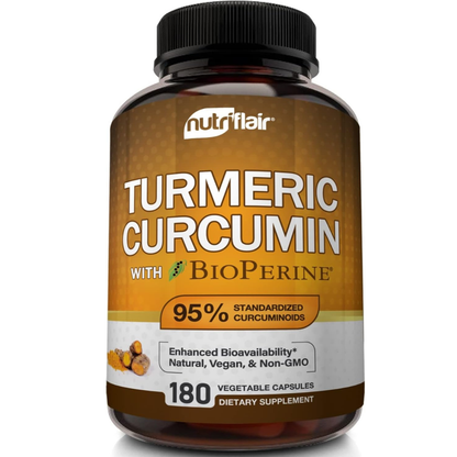 NutriFlair Turmeric Curcuma con Ginger y BioPerine Black Pepper  180 Capsules - 95% Curcuminoides