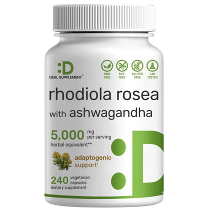Rhodiola Rosea con Ashwagandha 5000mg , 240 capsulas vegetarianas - Deal Supplement