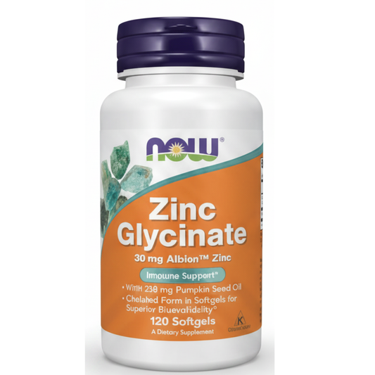 Now - Zinc Glycinate 30mg Albion Zinc con 250mg pumpkin seed oil, 120 capsulas