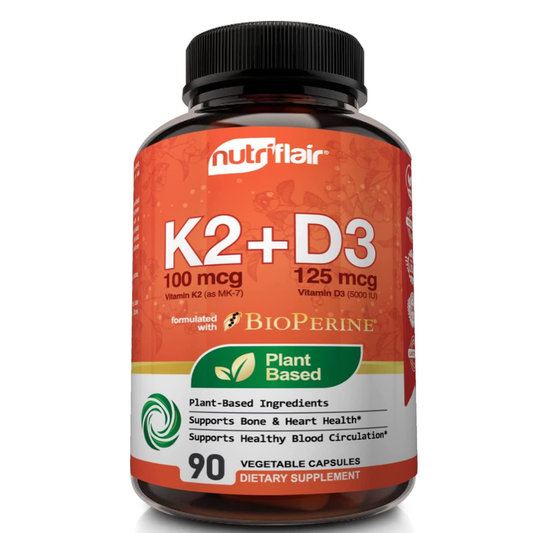 NutriFlair Vitamina K2 a base de plantas (como Mk7) con vitaminas D3 (5000iu/125mcg) más bioperina, 90 cápsulas