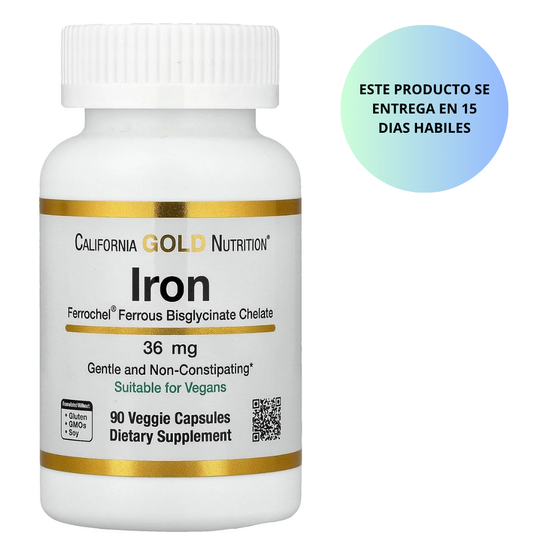 California Gold Nutrition Hierro Ferrochel, forma de quelato de bisglicinato ferroso, suave para el estómago, 36 mg, 90 cápsulas vegetale