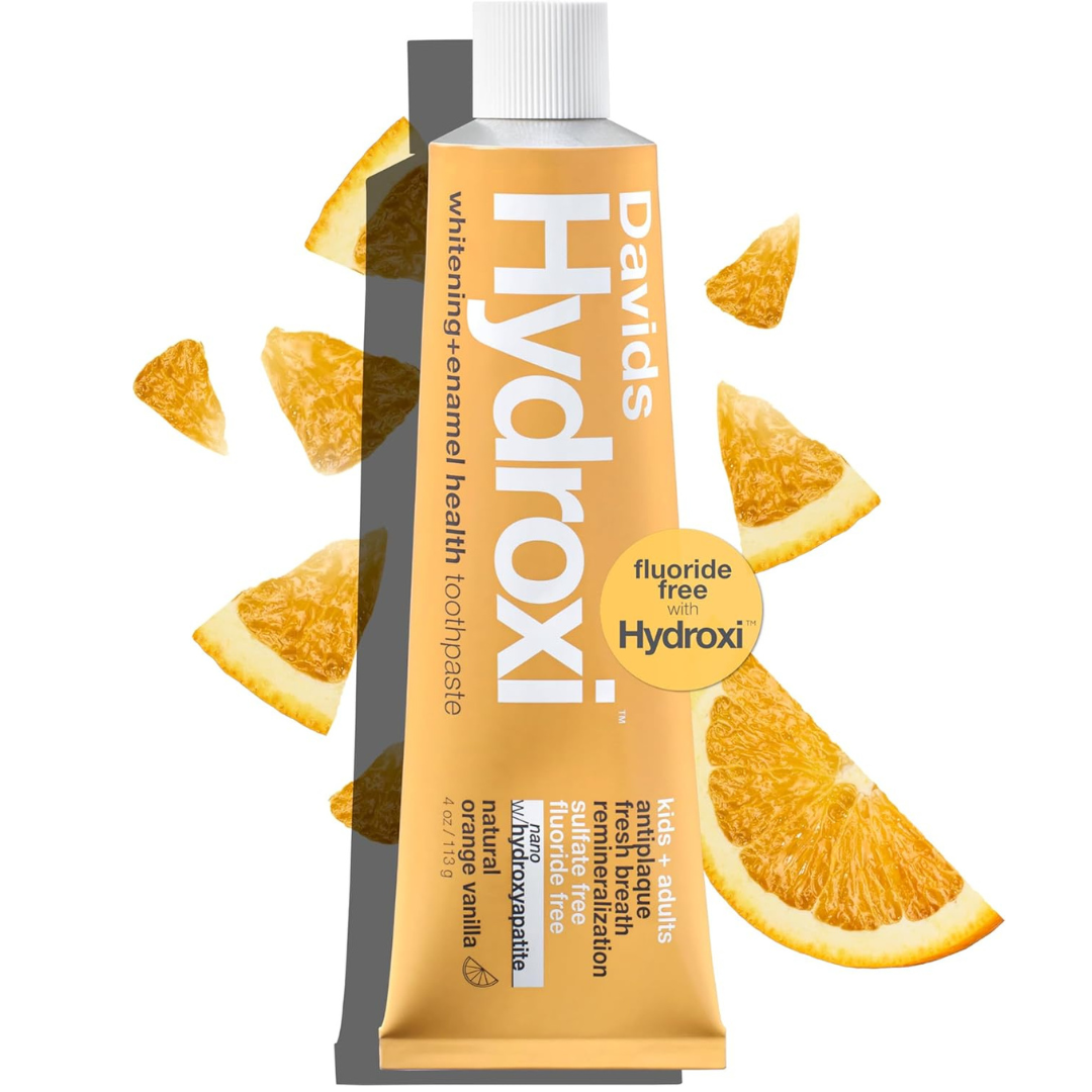 Davids Hydroxi - Pasta de dientes nano hidroxiapatita sin flúor para esmalte saludable y blanqueamiento, antiplaca, sin SLS, sabor a vainilla naranja apta para niños, 113gr