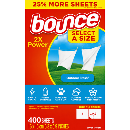 Bounce Suavizante de telas para secadora, aroma fresco al aire libre, 400 unidades