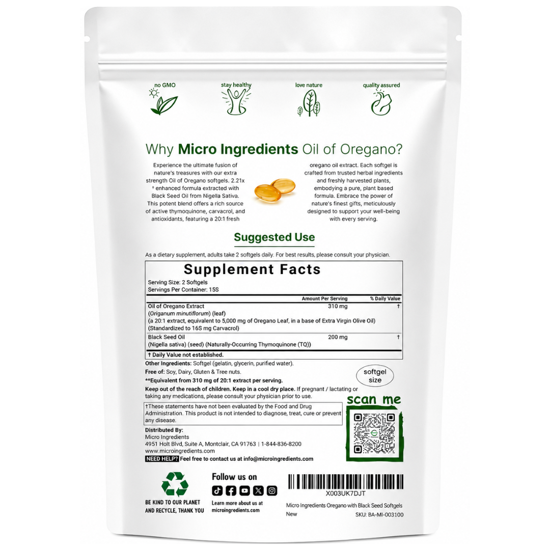Micro Ingredients - Aceite de Oregano 6000mg con black seed oil , 300 capsulas