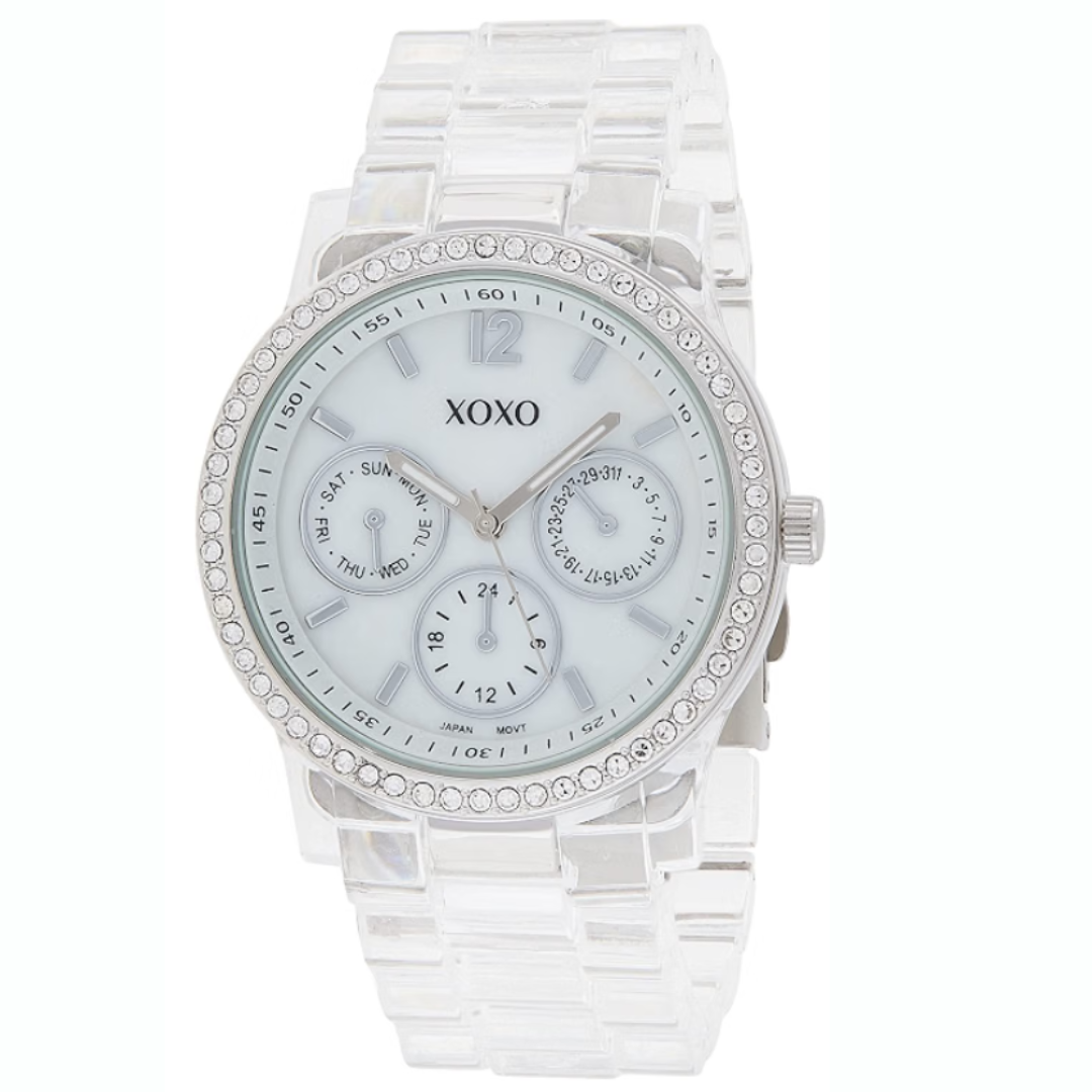XOXO Reloj de moda para mujer con detalles de bisel de cristal y pulsera de resina transparente