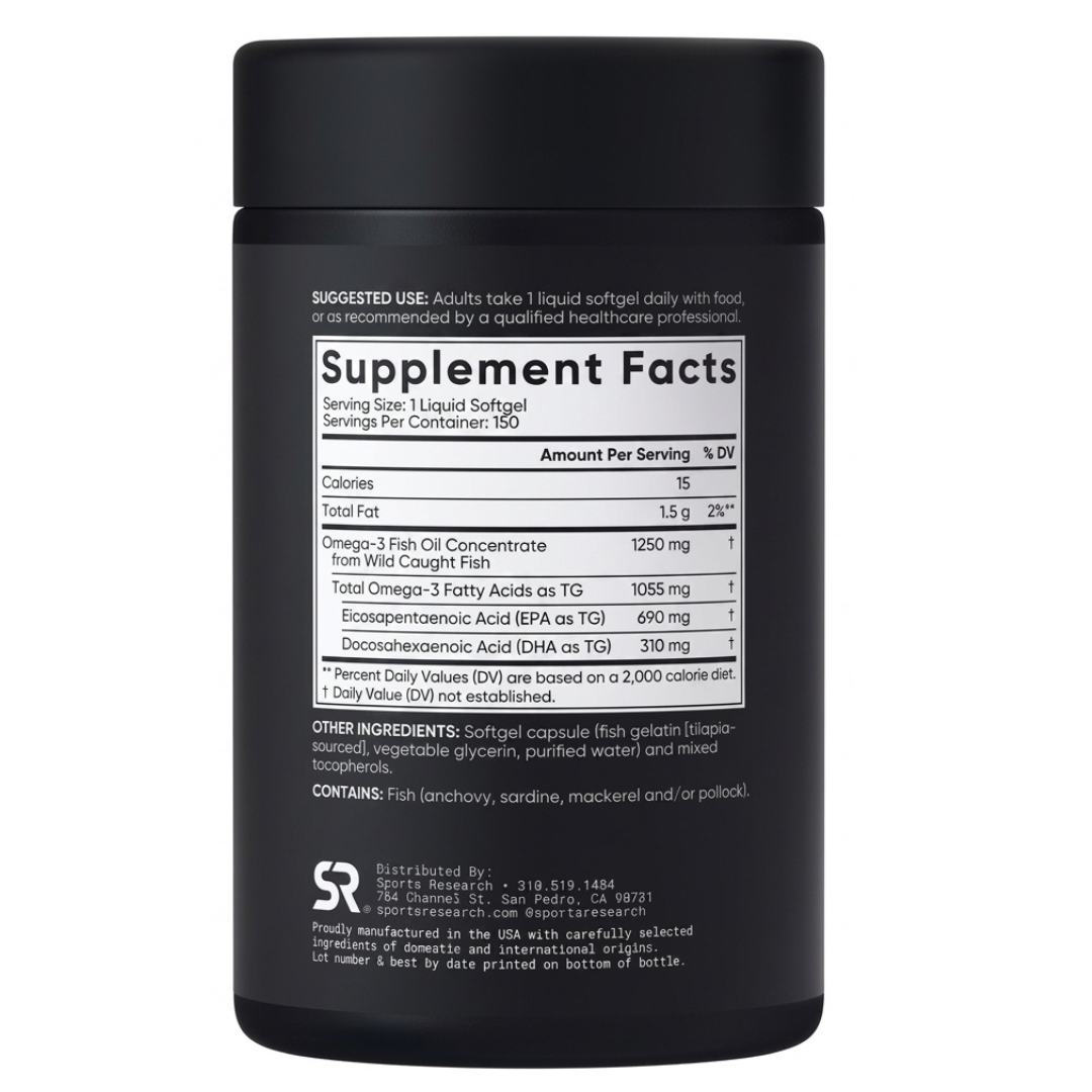 Omega 3  Sports Research - Fish Oil 1250mg - 1055 mg. Omega 3 1055 mg - Triple Accion - 150 Cápsulas Blandas