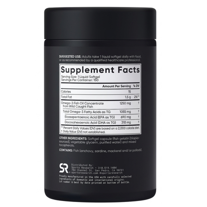 Omega 3  Sports Research - Fish Oil 1250mg - 1055 mg. Omega 3 1055 mg - Triple Accion - 150 Cápsulas Blandas