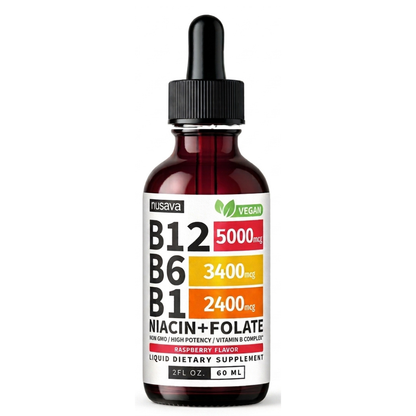 Nusava, Gotas de suplemento líquido de vitamina B12 con sabor a frambuesa, con B6, B1, niacina y ácido fólico, 60ml