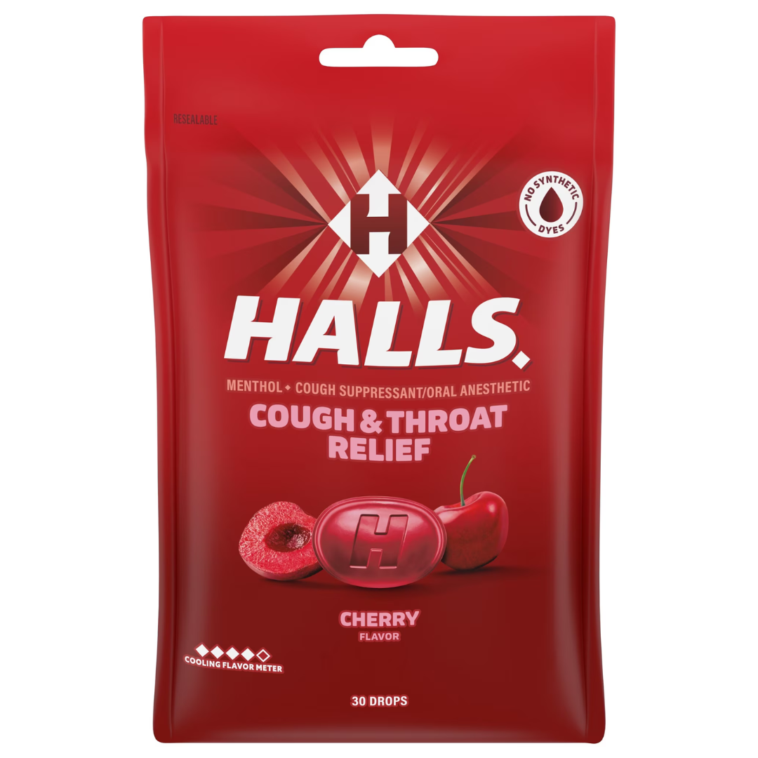 HALLS RELIEF Cough & Throat - Caramelos para Alivio de Tos, 30 caramelos sabor CHERRY