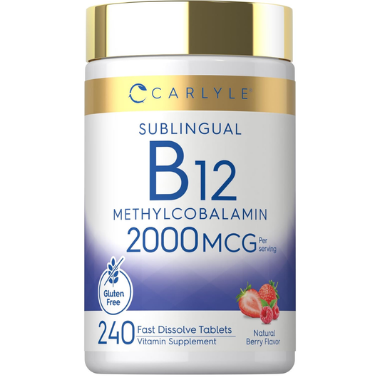 Carlyle Vitamina B12 de 2000 mcg | 240 tabletas de disolución rápida | Metilcobalamina sublingual | Sabor a bayas