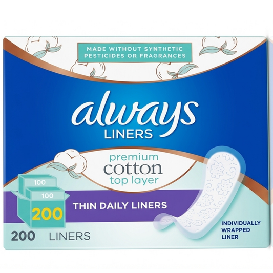 Always daily liners 100% algodón, 200 toallitas delgadas diarias