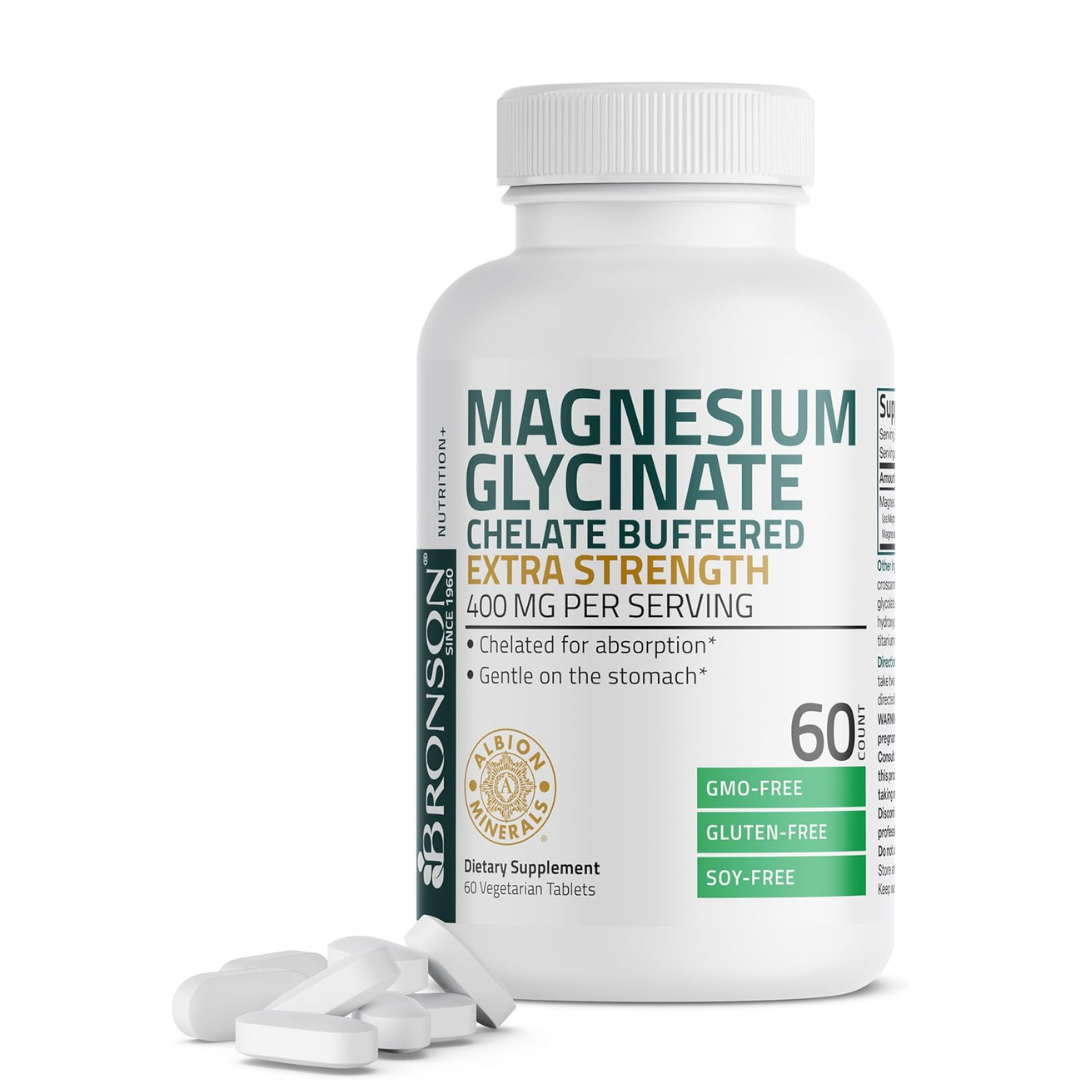 Bronson Glicinato de magnesio 400 mg extra fuerte, vegetariano, quelado , sin OMG, 60 tabletas