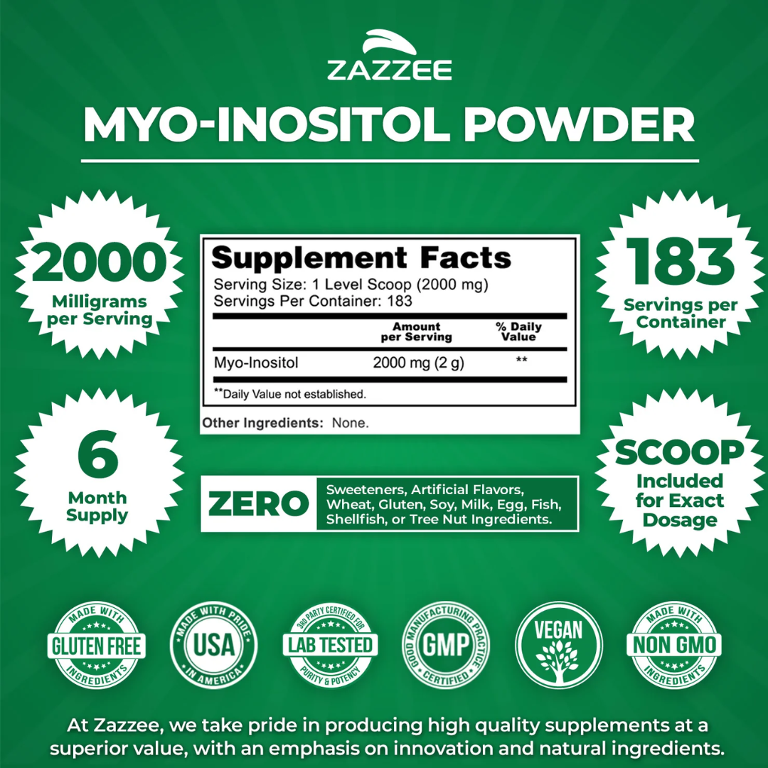 Zazzee Polvo de mio-inositol, 2000 mg por porción, 100% puro, vegano y sin OMG 366gr- 183 porciones