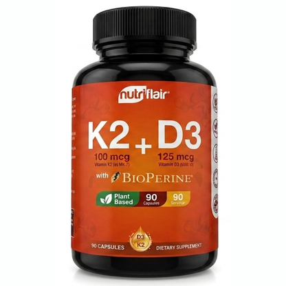 NutriFlair Vitamina K2 a base de plantas (como Mk7) con vitaminas D3 (5000iu/125mcg) más bioperina, 90 cápsulas