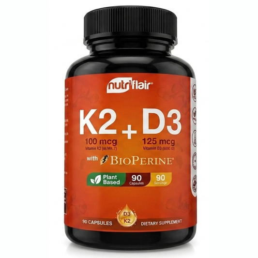 NutriFlair Vitamina K2 a base de plantas (como Mk7) con vitaminas D3 (5000iu/125mcg) más bioperina, 90 cápsulas