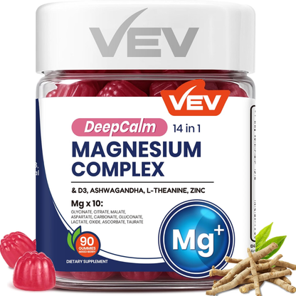 VEV - Gomitas de glicinato 14 en 1 con complejo de magnesio Deep Calm para mujeres y hombres, 90 unidades