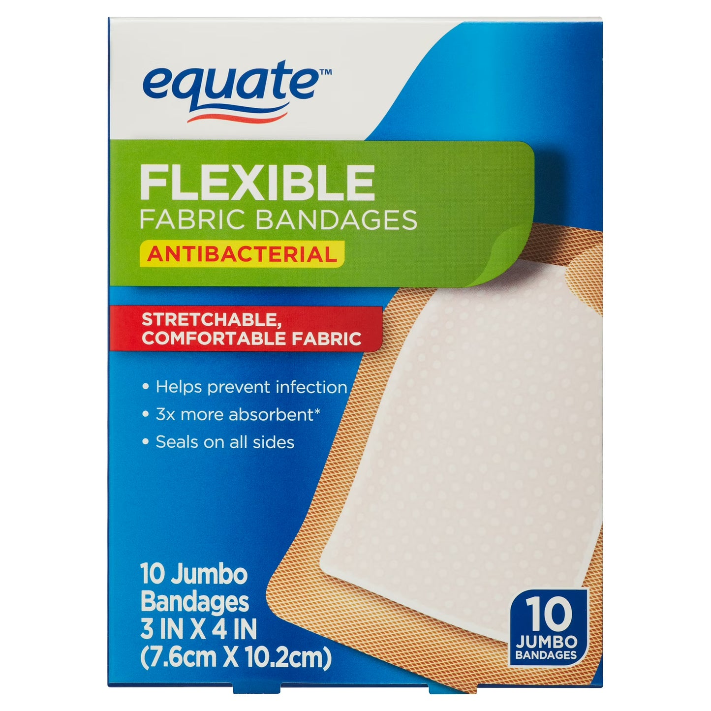Equate - Curitas de tela flexibles antibacterial, 10 Curitas Jumbo