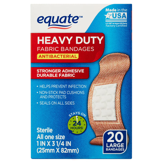 Equate Vendajes antibacterianos de tela resistentes, grandes  2.5 X 8 cm., 20 unidades.