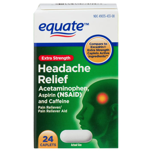 Equate Cápsulas de Acetaminofén, Aspirina y Cafeína para Aliviar el Dolor de Cabeza Extra Fuertes, 24 Unidades