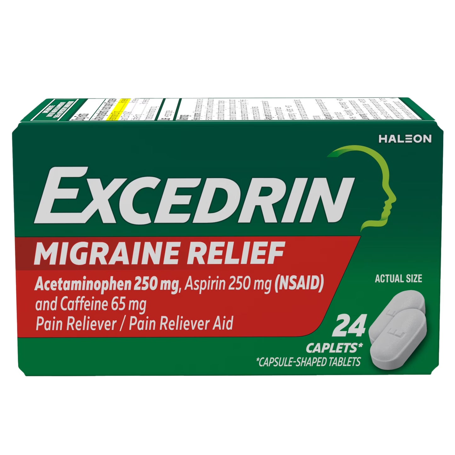 Excedrin - Alivio de la migraña (acetaminofén 250 mg, aspirina 250 mg, cafeína 65 mg), comprimidos analgésicos para  dolor de cabeza, 24 comprimidos