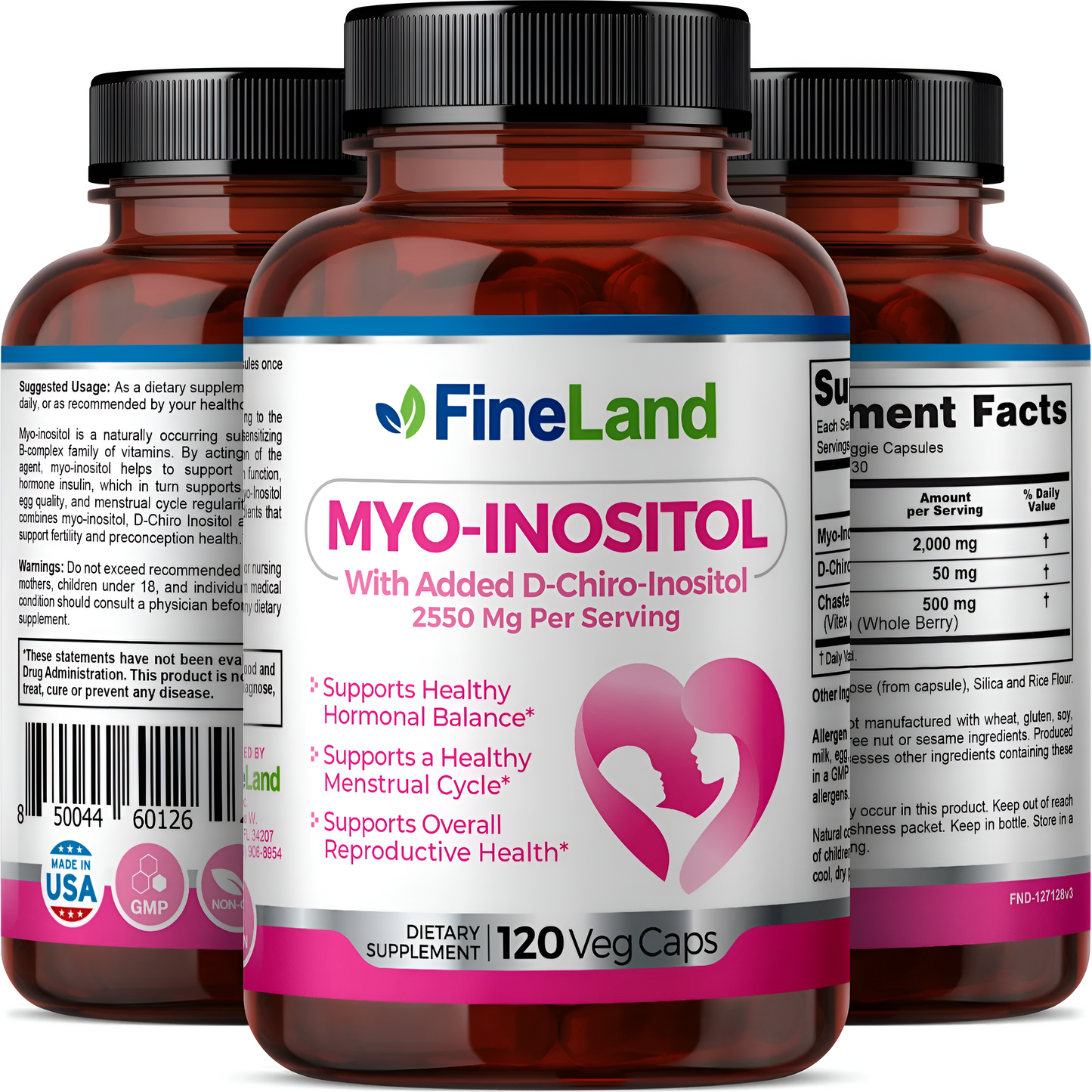 Myo-Inositol y D-Chiro Inositol 2550mg -Fineland , 120 capsulas
