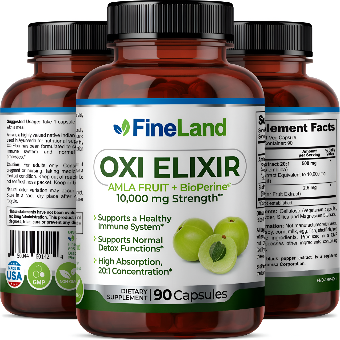 Oxi Elixir Amla Fruit + Bioperine 10,000mg-Fineland , 90 capsulas