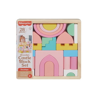 Fisher-Price -  Castle Block Set - Construcción de Castillo de madera rosa, 28 piezas, apilable, niños de 2 años a mas