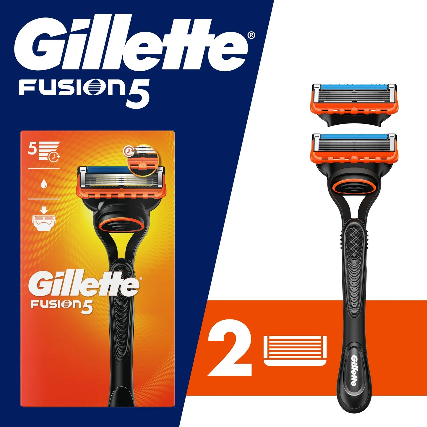 Gillette Fusion5 Razor Men incluye: manual de 5 hojas, 1 mango y 2 recambios de hojas, color negro