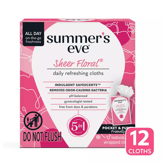 Summer's Eve Sheer Floral 5-in-1 Feminine Wipes 12 paños envueltos individualmente