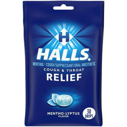 HALLS RELIEF Cough & Throat - Alivio para tos, 30 caramelos sabor MENTHO-LYPTUS