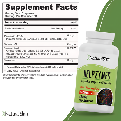 Helpzymes™ - NaturalSlim Enzimas Digestivas con Pancreatina   100 Capsulas
