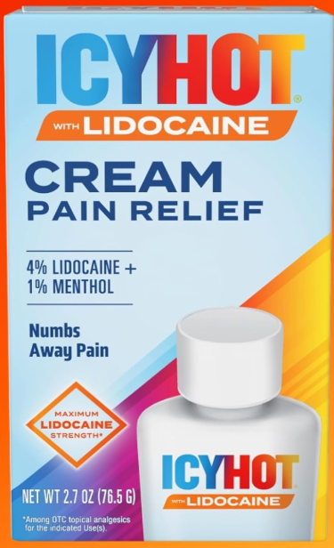 Icy Hot Max  con Lidocaina Crema para aliviar el dolor con lidocaína + mentol  76gr.