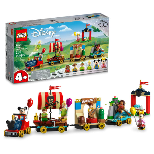 LEGO Disney 100 Tren de Celebración 43212 Juguete de construcción, juego imaginativo, divertido regalo de cumpleaños para niños en edad preescolar a partir de 4 años, 6 minifiguras de Disney: Moana, Woody, Peter Pan, Campanita, Mickey y Minnie Mouse