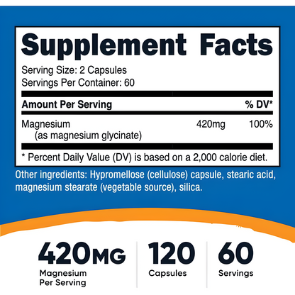 Magnesium Glycinate 420mg , Nutricost -  120 capsulas