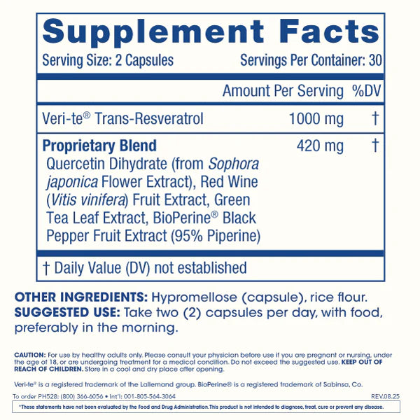 ProHealth Resveratrol 1000mg | Trans-Resveratrol puro | Plus Quercetina, vino tinto y extracto de té verde | 60 capsulas