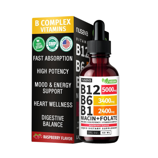 Nusava, Gotas de suplemento líquido de vitamina B12 con sabor a frambuesa, con B6, B1, niacina y ácido fólico, 60ml