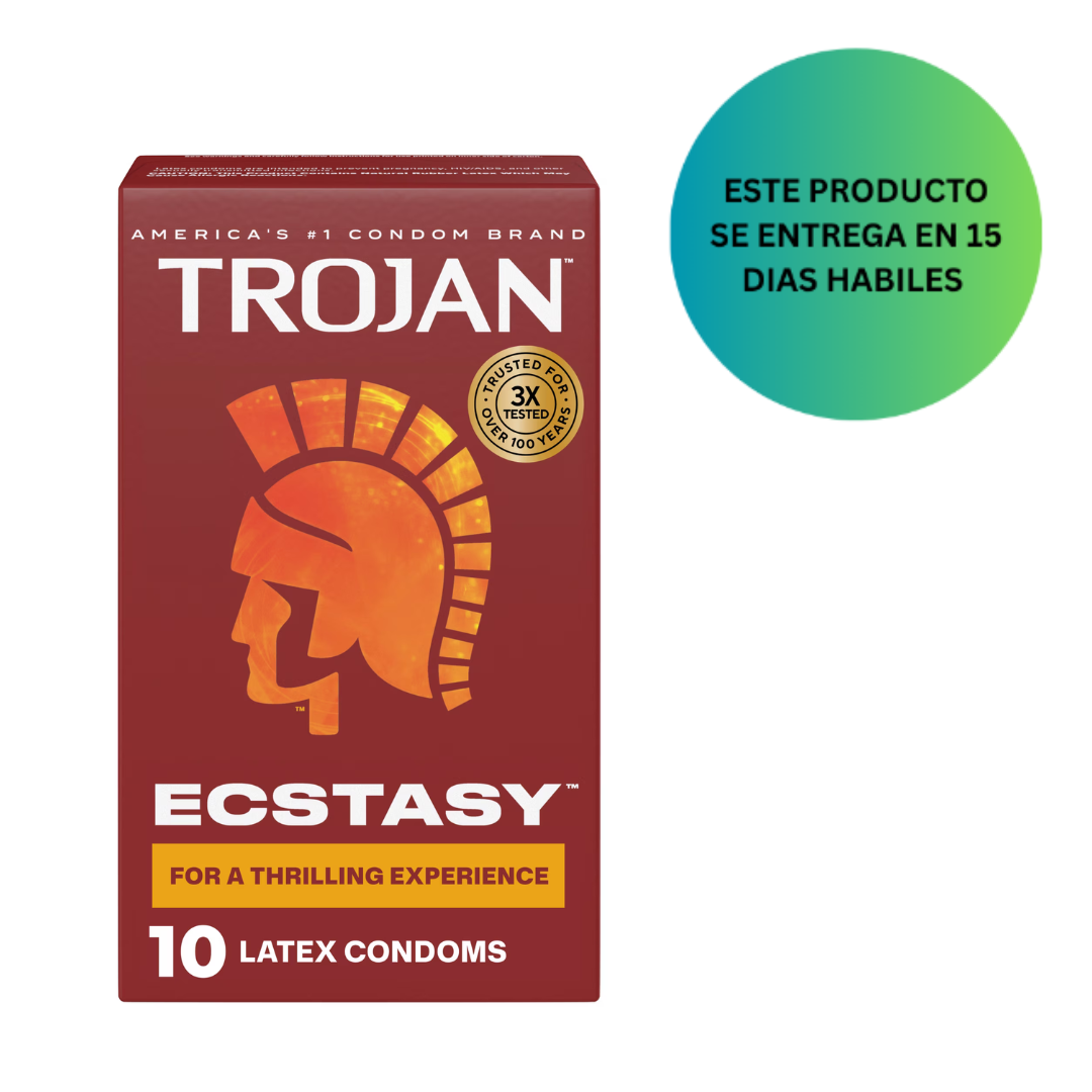 Preservativos Trojan Ecstasy de látex premium lubricados,  paquete de 10 unidades.