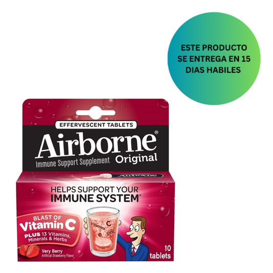 Airborne vitamina C con zinc 1000 mg , 10 comprimidos efervescentes con sabor a frutos rojos.